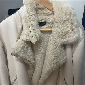 ZARA Faux shearling/fur cream oversized biker jacket  SIZE XS
